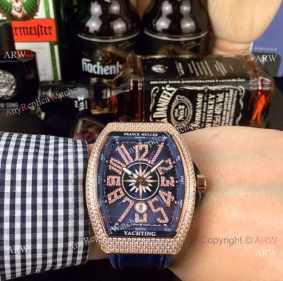 Swiss Copy Franck Muller Iced Out Rose Gold Blue Dial Watch - Vanguard Yachting V45 Collection